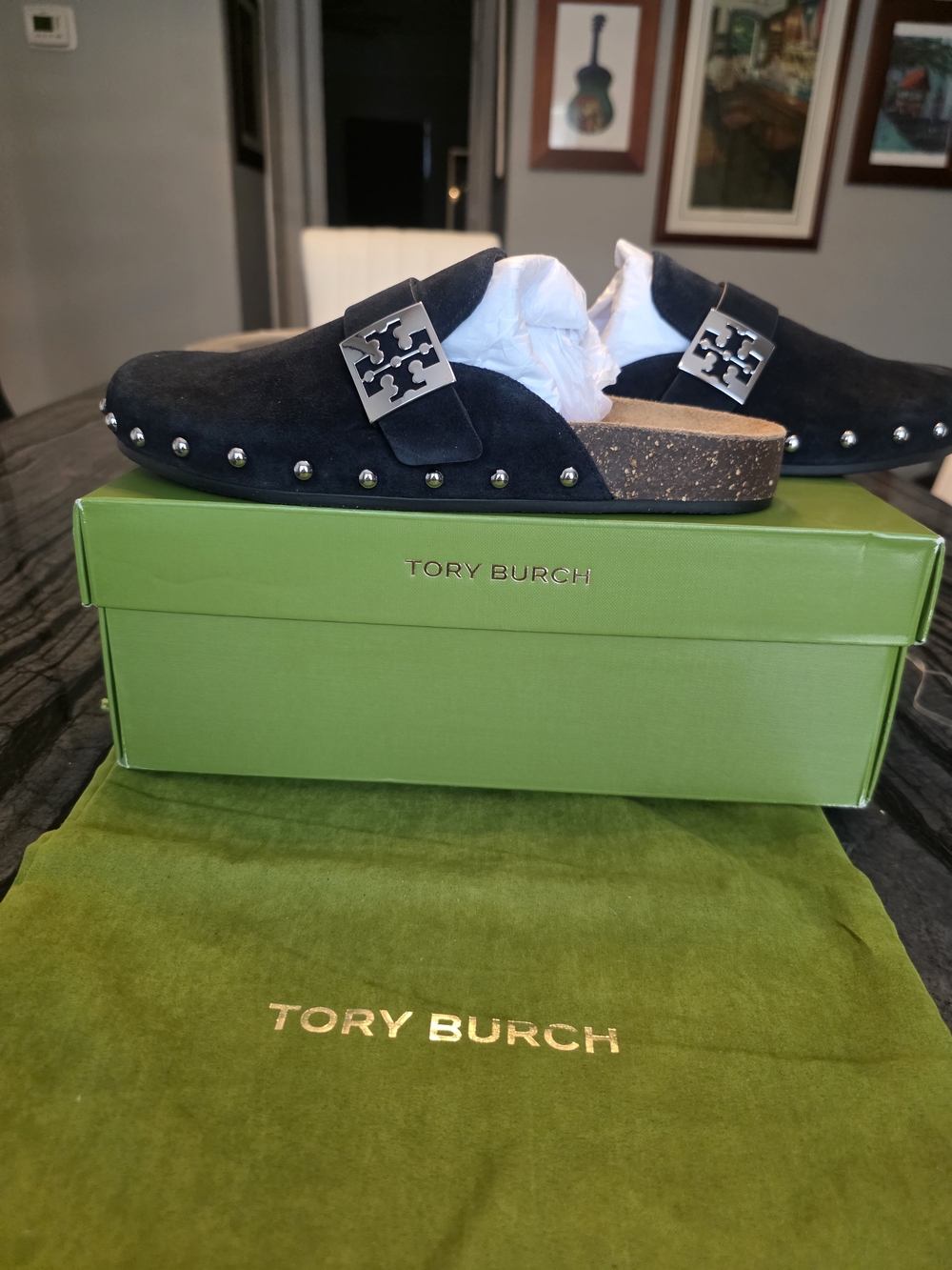 NWT Tory Burch Black Suede Studded Slip-On Mule Size 10